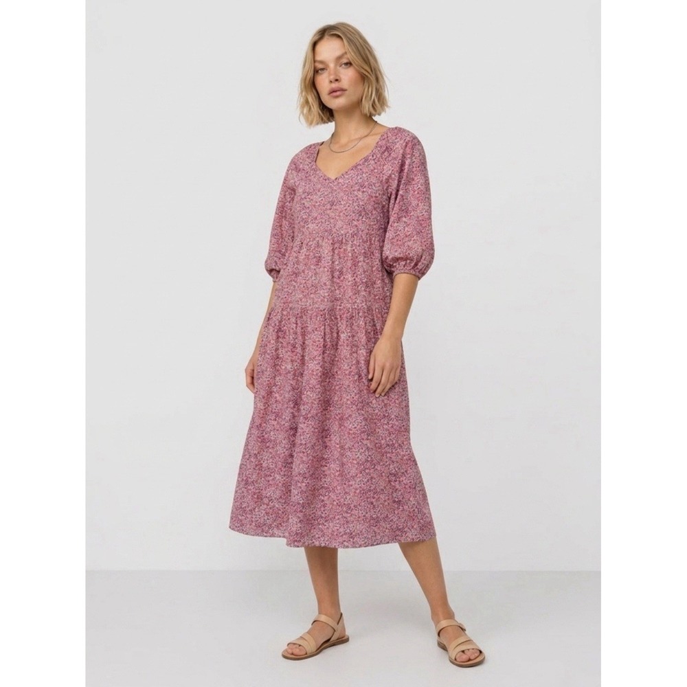 Universal Thread Peasant Midi Dress L Pink Floral Tie Back 100% Cotton Prairie